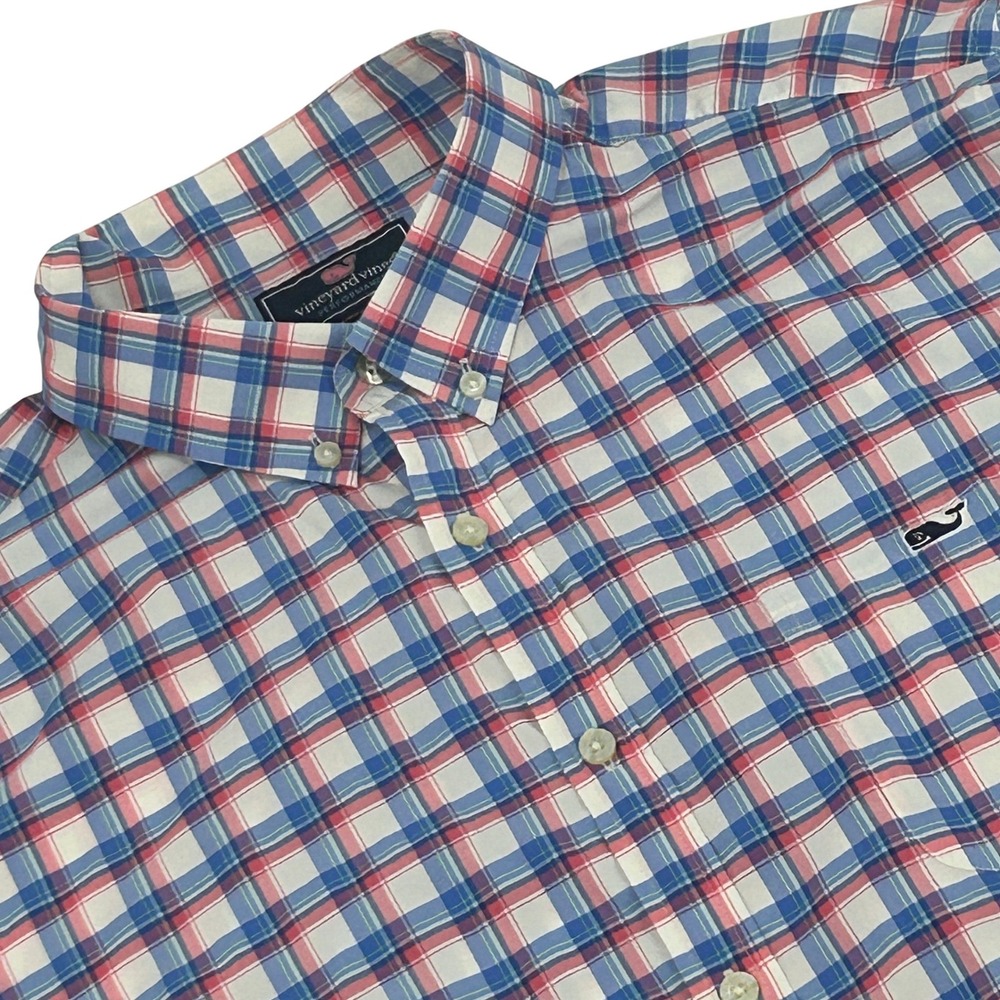 Vineyard Vines Performance Tucker Shirt Mens XL Blue Red Plaid Slim Fit Stretch